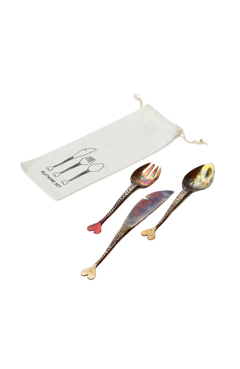 Storied Home Hand Forged Copper Appetizer Cutlery, Set of 3 in Printed Drawstring Bag, Main, color,