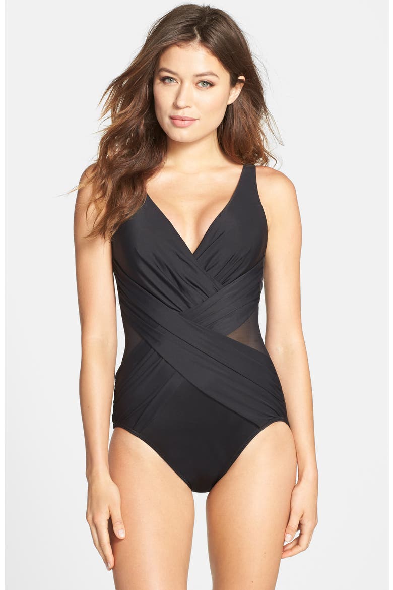 Illusionist Crossover One-Piece Swimsuit, Alternate, color, BLACK