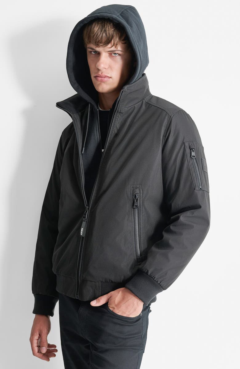 DKNY Water Resistant Bomber with Hooded Bib, Alternate, color, Black