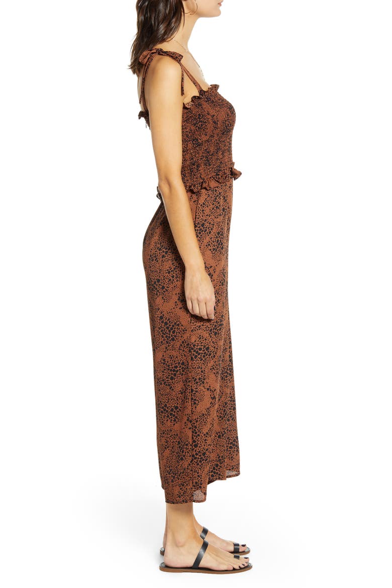 Smocked Bodice Wide Leg Jumpsuit, Alternate, color, COFFEE BLACK PRINT