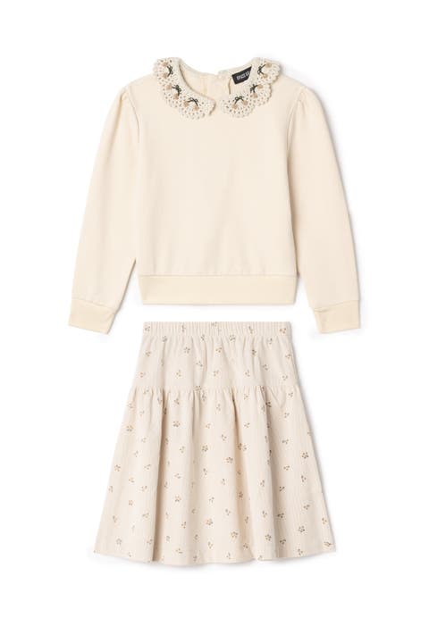 2 Piece Corduroy Skirt Set with Crochet Collar French Fleece Sweater