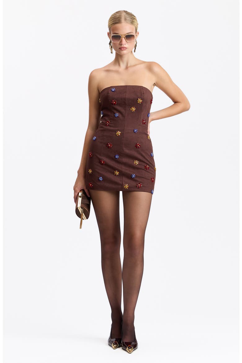 Gem Embellished Faux Suede Strapless Minidress, Alternate, color, MULTI GEM - CHOCOLAT