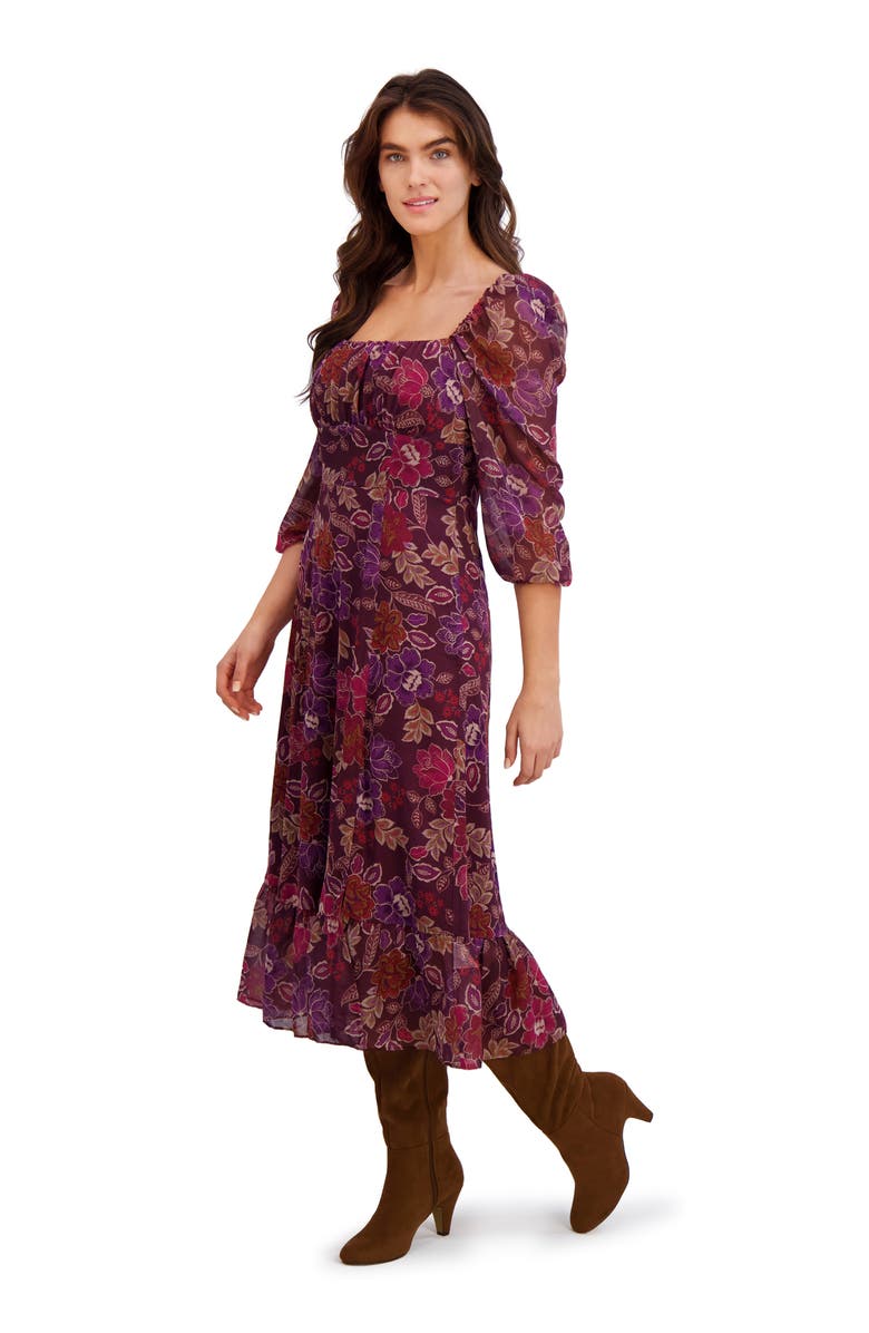 London Times Floral Ruched Empire Waist Chiffon Midi Dress, Alternate, color, Port/ Purple