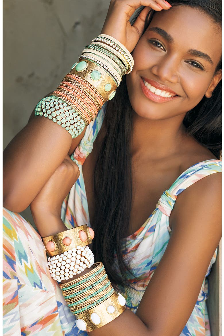 Accessories Crystal & Patina Finish Metal Bangles, Alternate, color, CORAL/ GOLD