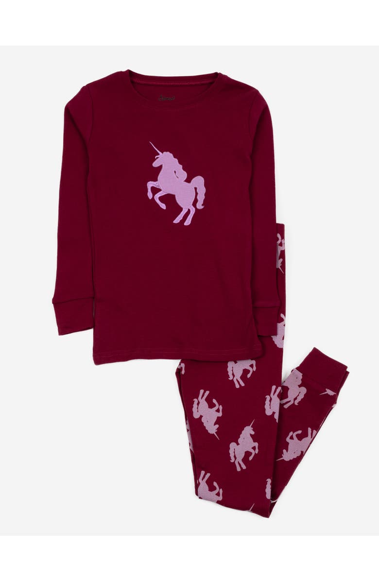 Leveret Two-Piece Printed Cotton Pajamas, Stripes, Animals & Characters, Main, color, Unicorn Maroon