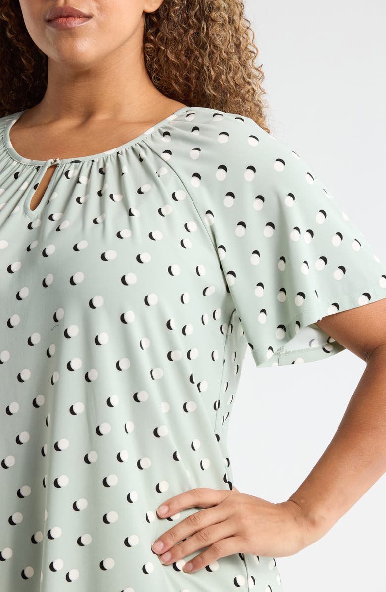 AK ANNE KLEIN Dot Print Keyhole Peasant Top, Alternate, color, Soft Aloe Multi