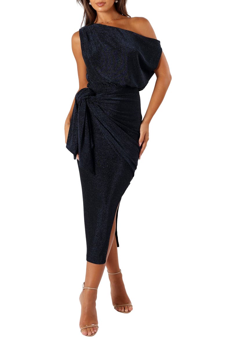 Santiago Metallic Side Tie One-Shoulder Midi Dress, Main, color, NAVY