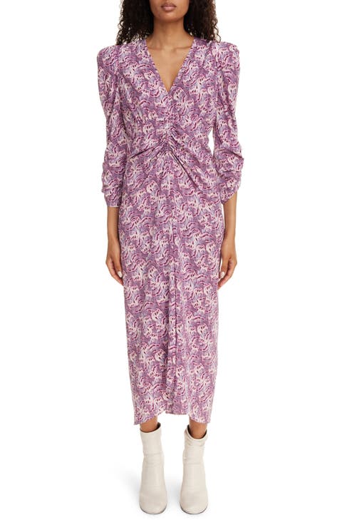 Albini Abstract Print Ruched Stretch Silk Midi Dress