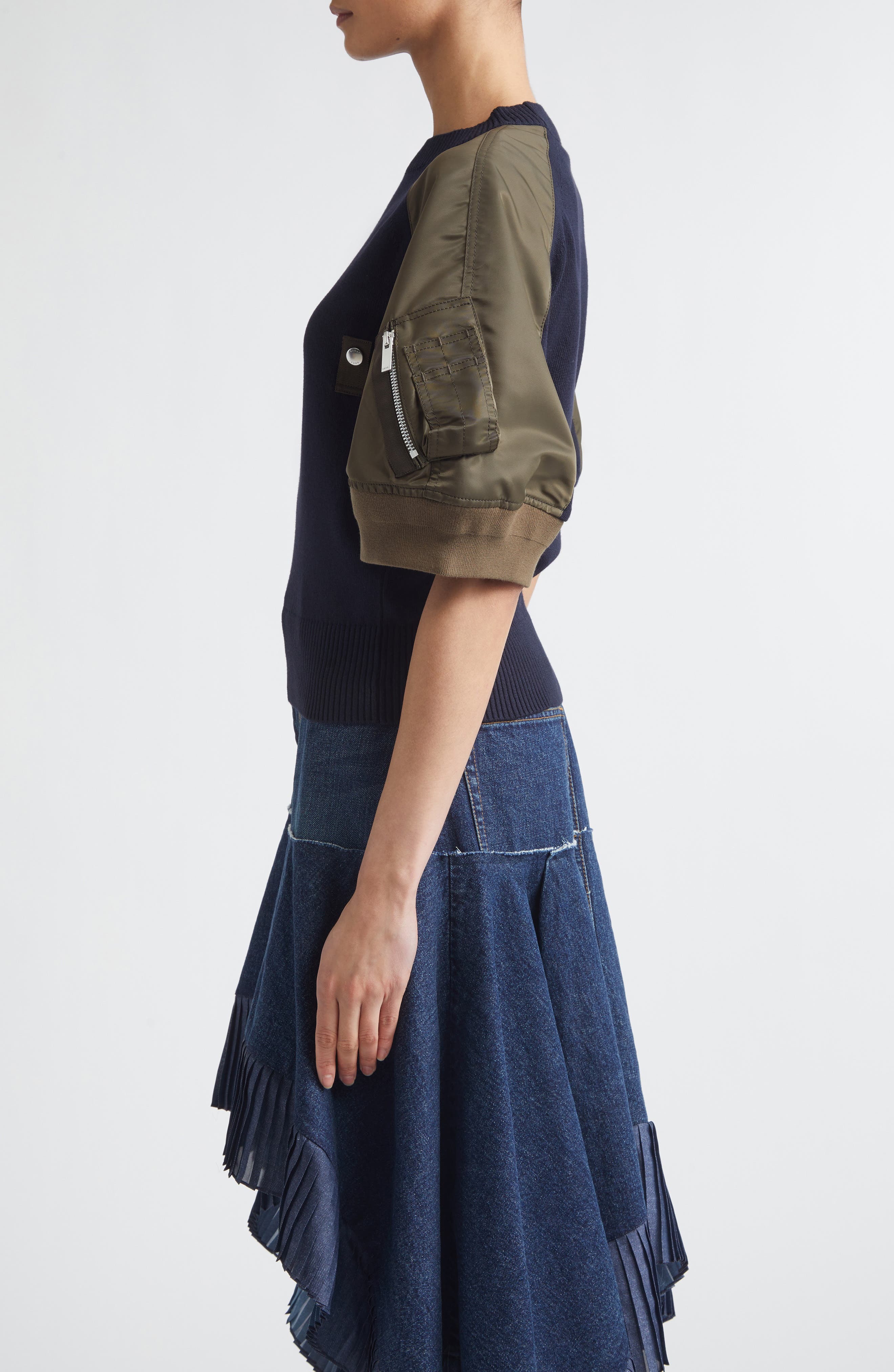 Sacai Mixed Media Knit & Nylon Twill Cardigan (Women) | Nordstrom