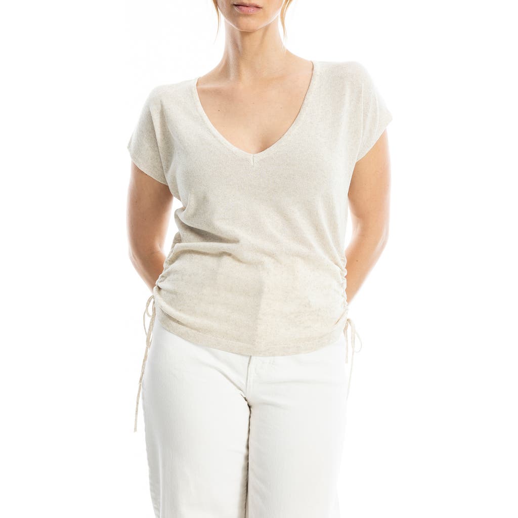 Max Studio Side Ruched Short Sleeve V-neck Sweater In White