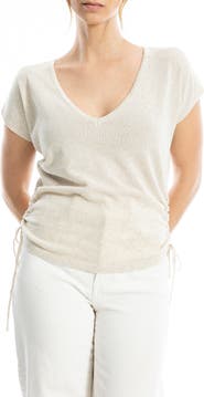 MAX STUDIO Side Ruched Short Sleeve V-Neck Sweater