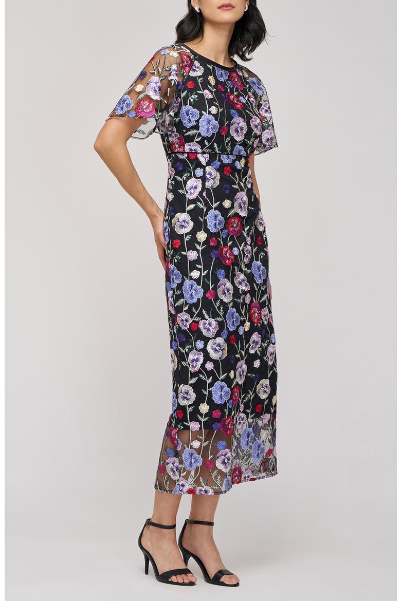 Embroidered Floral Mesh Cocktail Dress, Alternate, color, BLACK/ MULTI