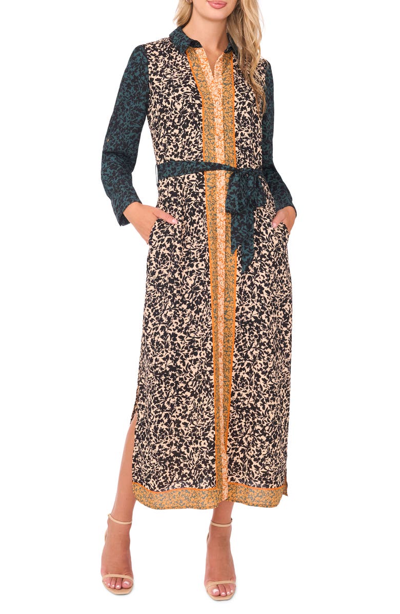 Vince Camuto Mixed Print Long Sleeve Midi Shirtdress, Main, color, Deep Forest