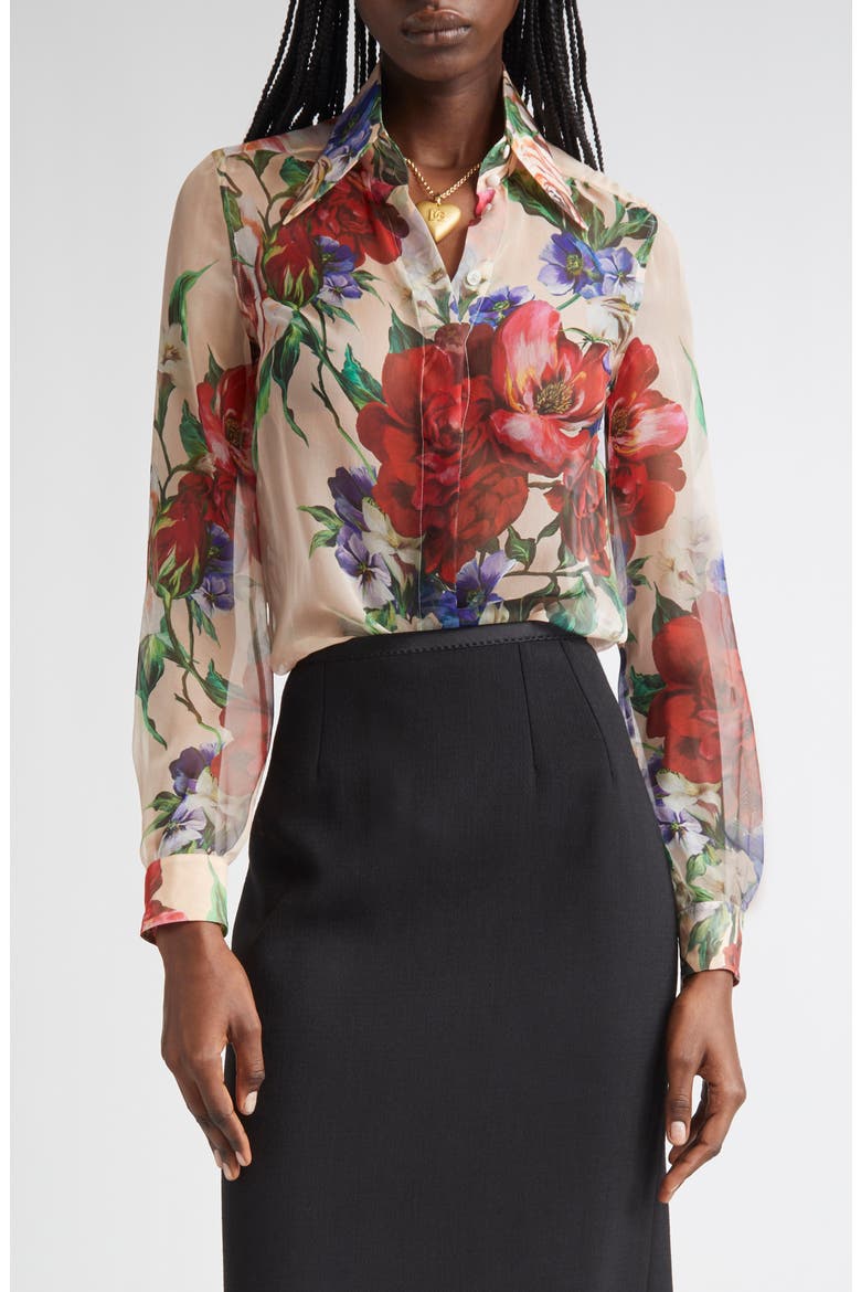 Floral Print Silk Chiffon Button-Up Shirt, Main, color, BEIGE PRINT FLORAL