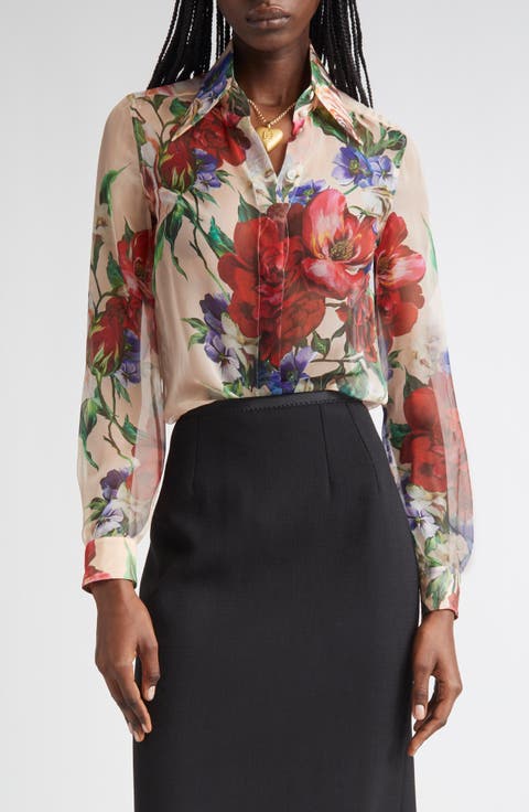 Floral Print Silk Chiffon Button-Up Shirt
