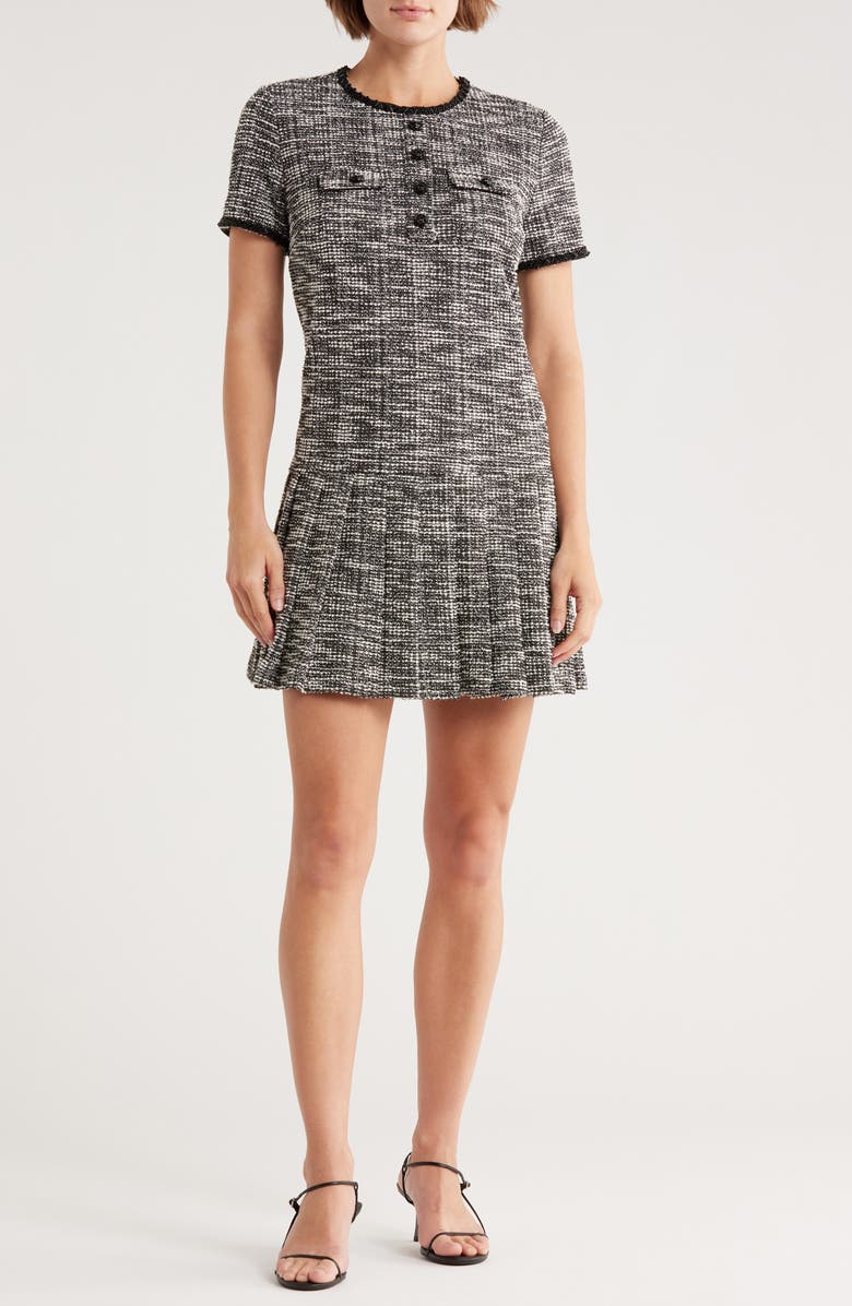 Ellen Tracy Short Sleeve Dropped Waist Pleated Tweed Dress, Main, color, Black