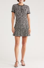 Ellen Tracy Short Sleeve Dropped Waist Pleated Tweed Dress