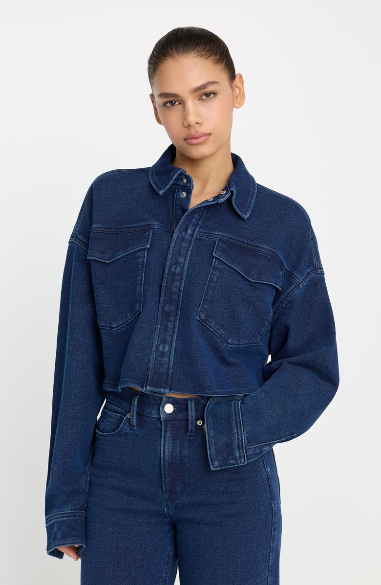 Good American Jeanius Crop French Terry Jacket, Alternate, color, Indigo377