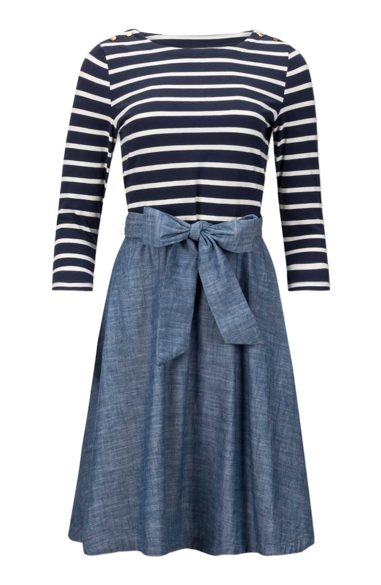 Hope & Henry Women's French Jersey Skater Dress, Alternate, color, Navy And White With Chambray