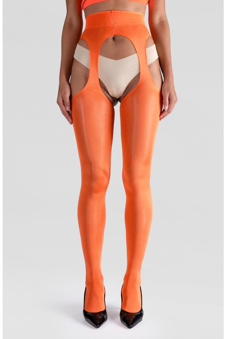 Lustrous Silky Shiny Sheer Suspender Crotchless Tights, Alternate, color, ORANGE