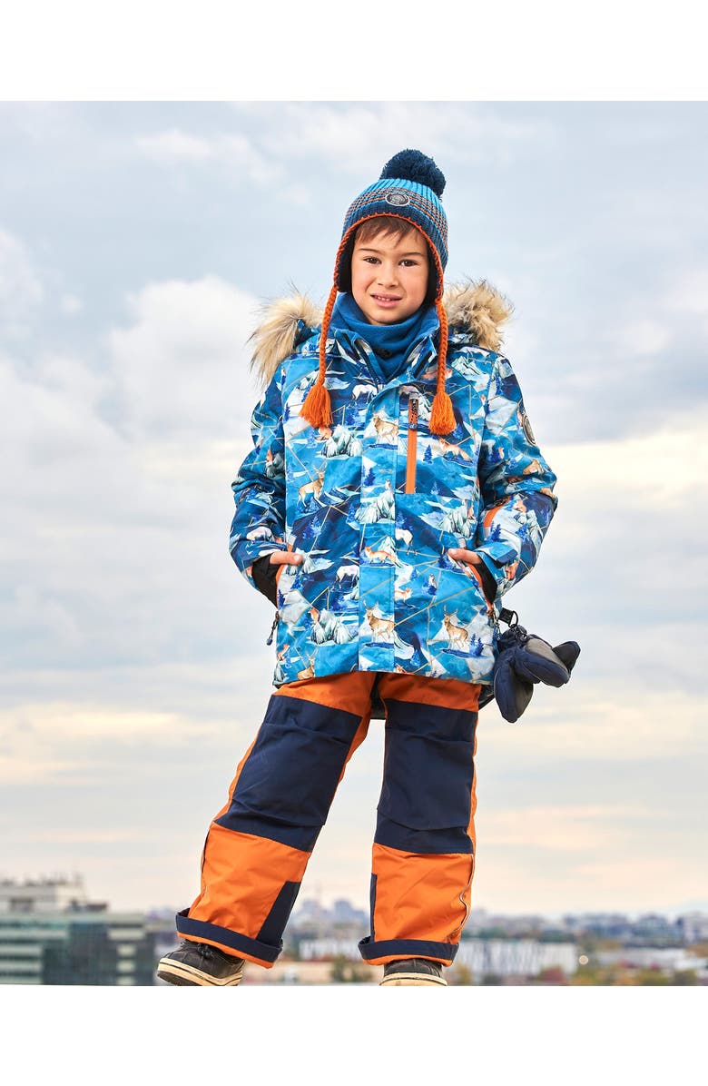 Deux par Deux Little Boy's Two Piece Snowsuit Burnt Orange With Printed Animals And Glaciers, Alternate, color, 