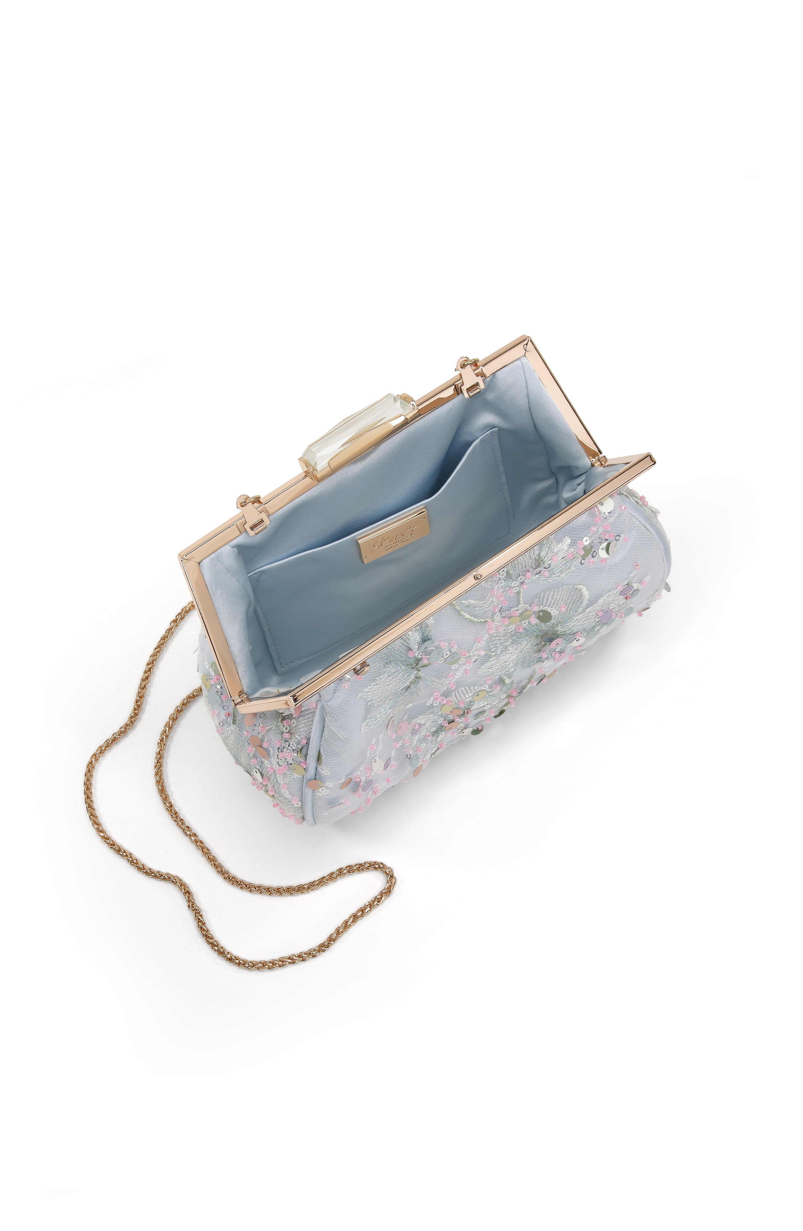 Jewel Badgley Mischka Iris Floral Embroidered and Sequin Signature Pouch Clutch, Alternate, color, Blue