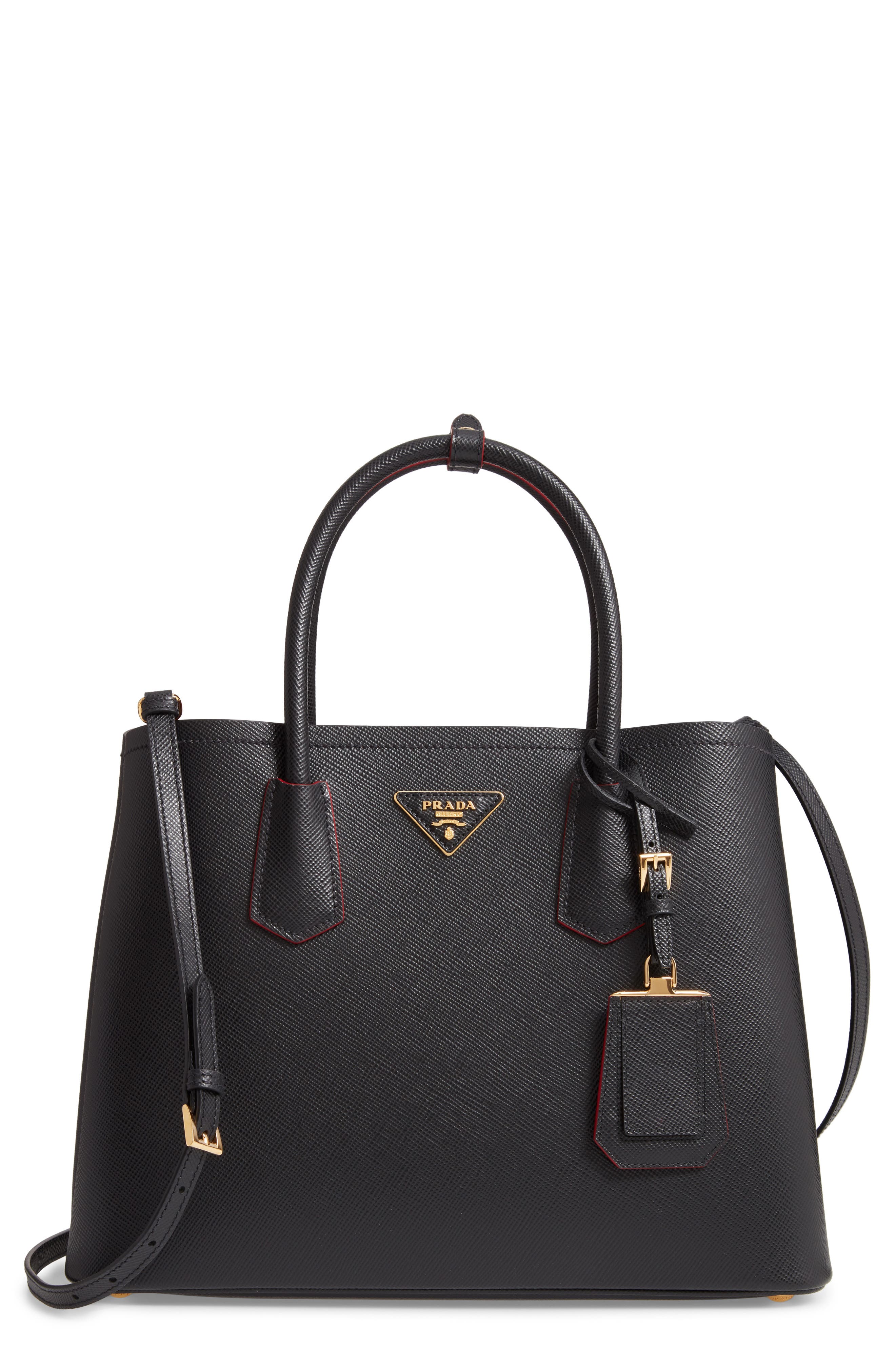 Double Medium Saffiano Leather Tote, Main, color, NERO/FUOCO
