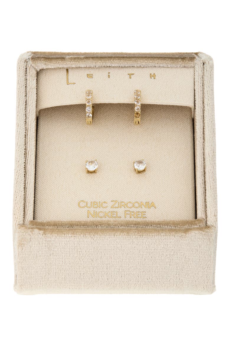 Set of 2 Cubic Zirconia Stud & Huggie Hoop Earrings, Main, color, CLEAR- GOLD