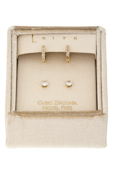 Set of 2 Cubic Zirconia Stud & Huggie Hoop Earrings