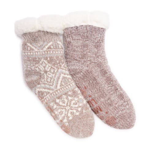Women's 2 Pair Pack Crew Cabin Chenille Eyelash Knit Mix Slipper Socks
