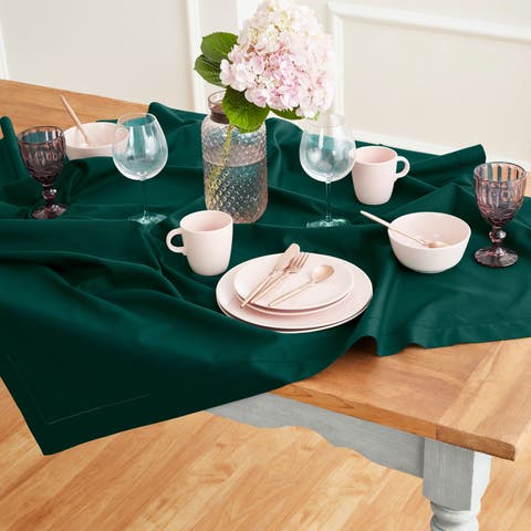 Cotton Linen Hemstitch Table Throw 52 x 52 Inch for Dining Table, Holiday and Everyday Table Decor