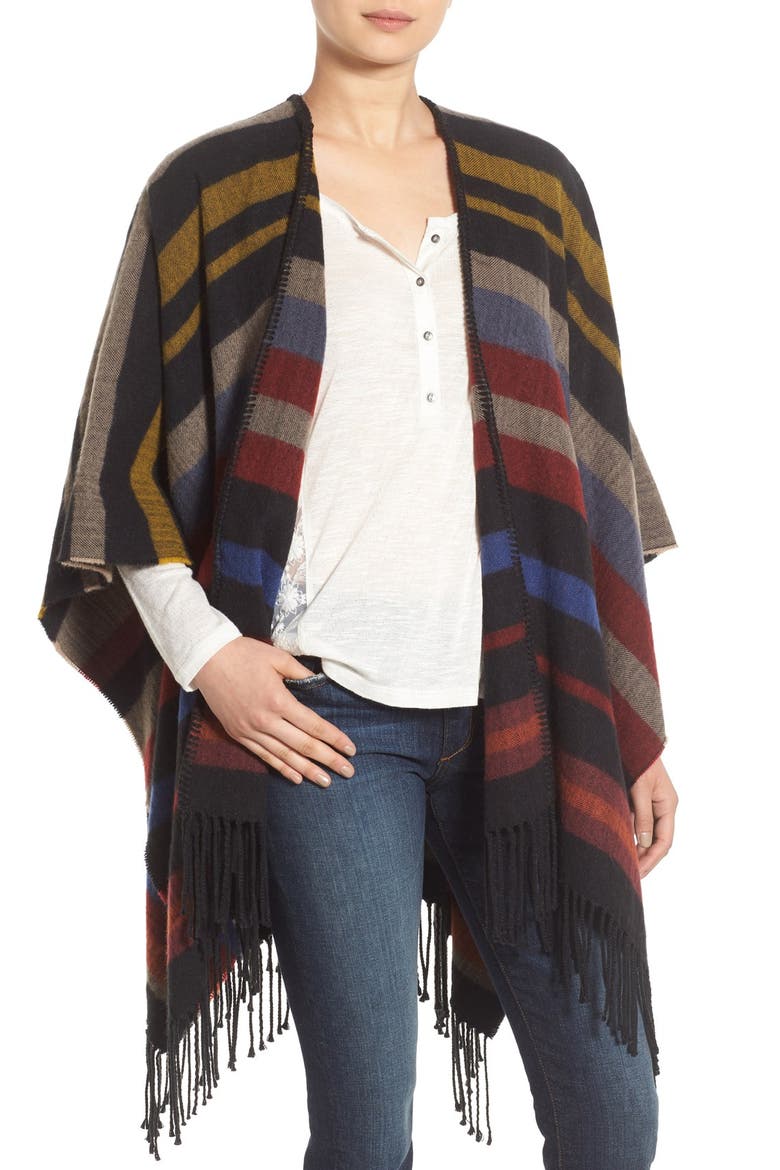 Treasure&Bond Fringed Stripe Poncho, Main, color, BLACK COMBO