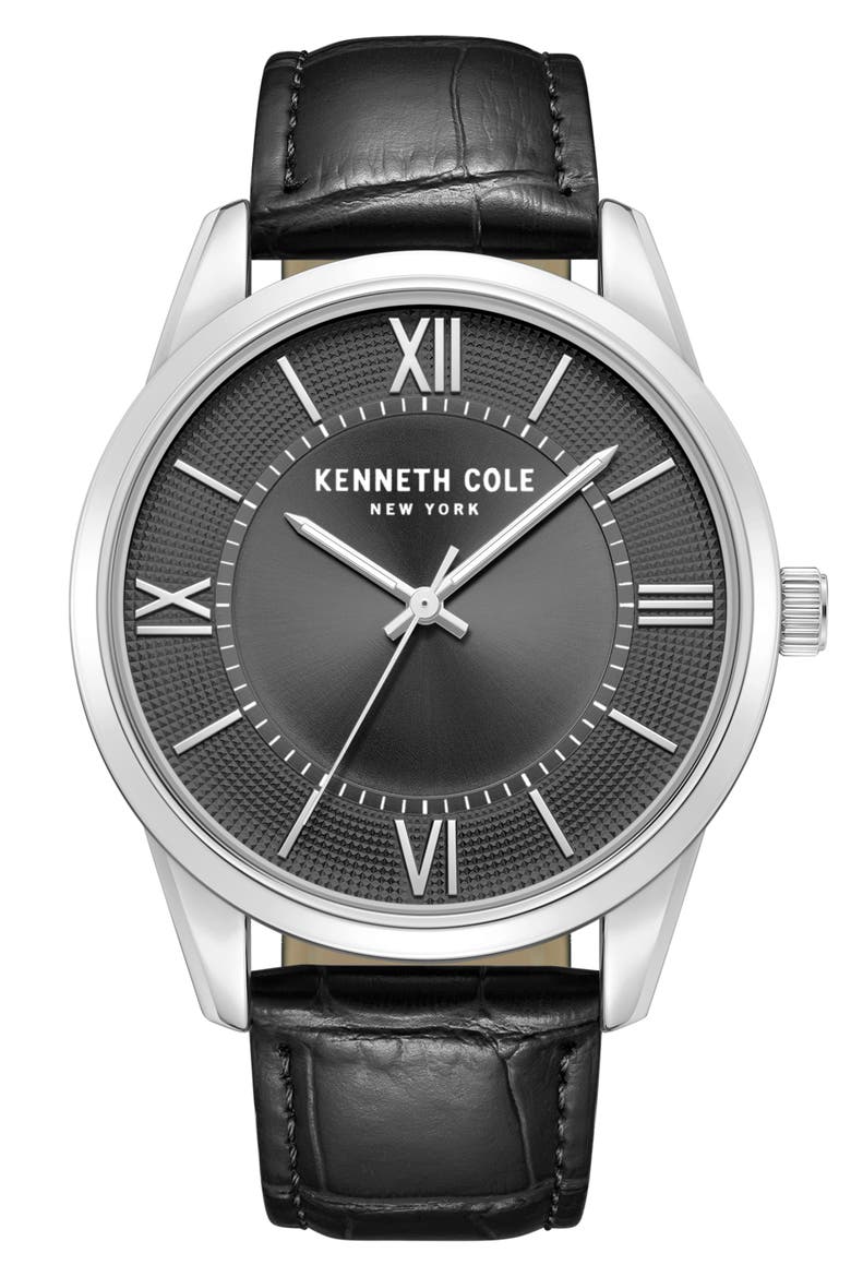 Classic Leather Strap Watch, 44mm, Main, color, BLACK