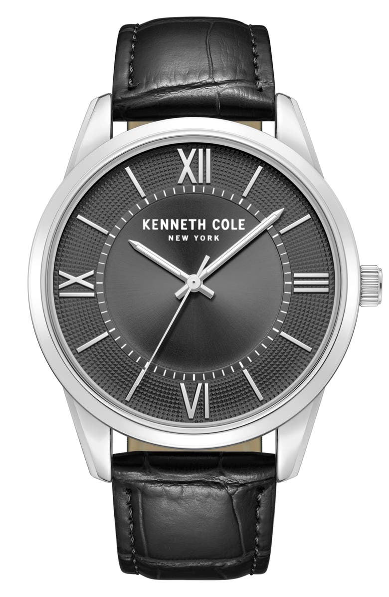 Kenneth Cole Classic Leather Strap Watch, 44mm, Main, color, Black
