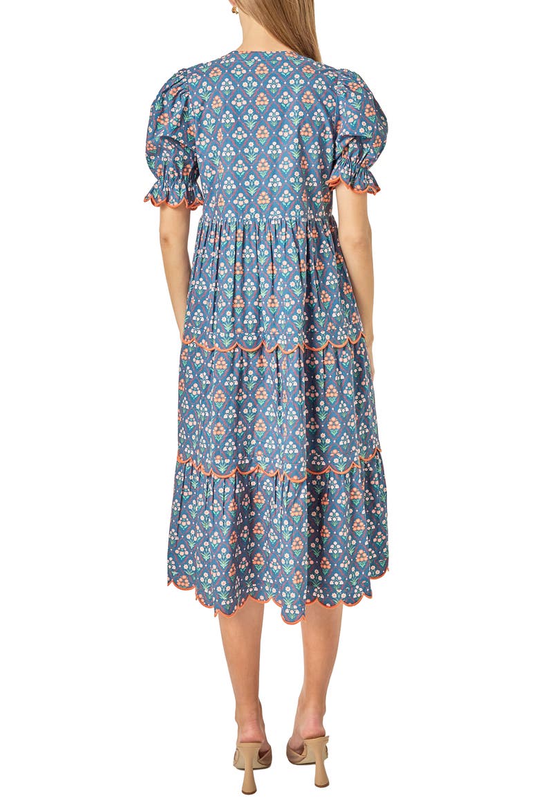 Ditsy Floral Scallop Trim Tiered Midi Dress, Alternate, color, NAVY MULTI