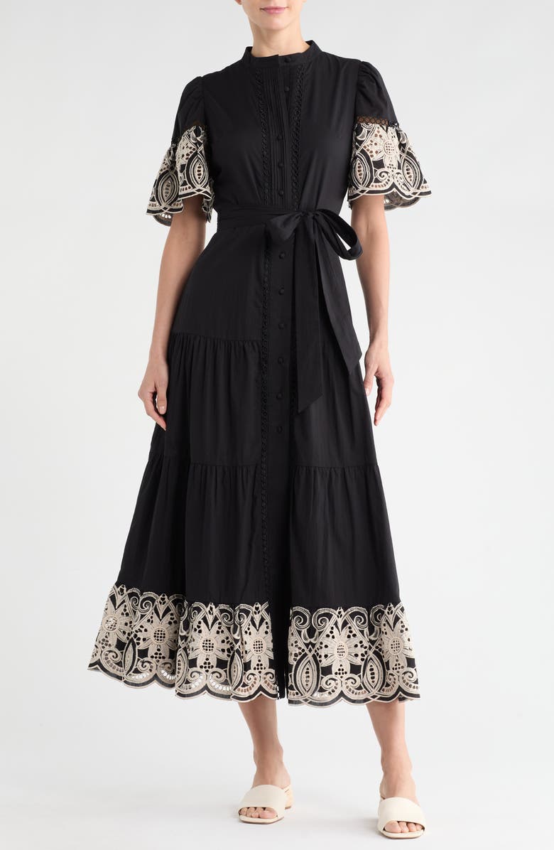 Love By Design Southampton Embroidered Maxi Shirtdress, Main, color, Black/ Gardenia