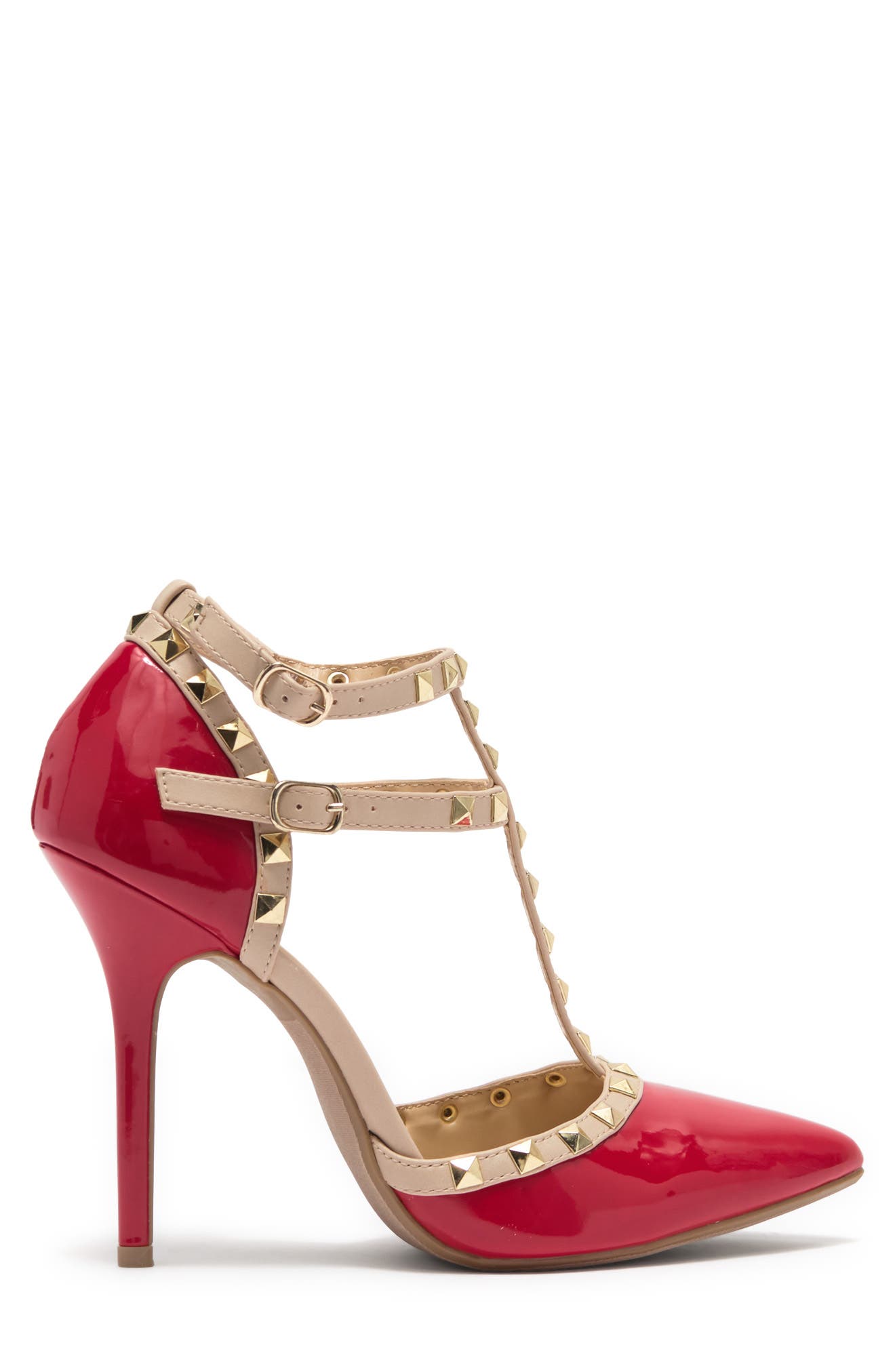 Studded T-Strap Stiletto Pump, Alternate, color, RED