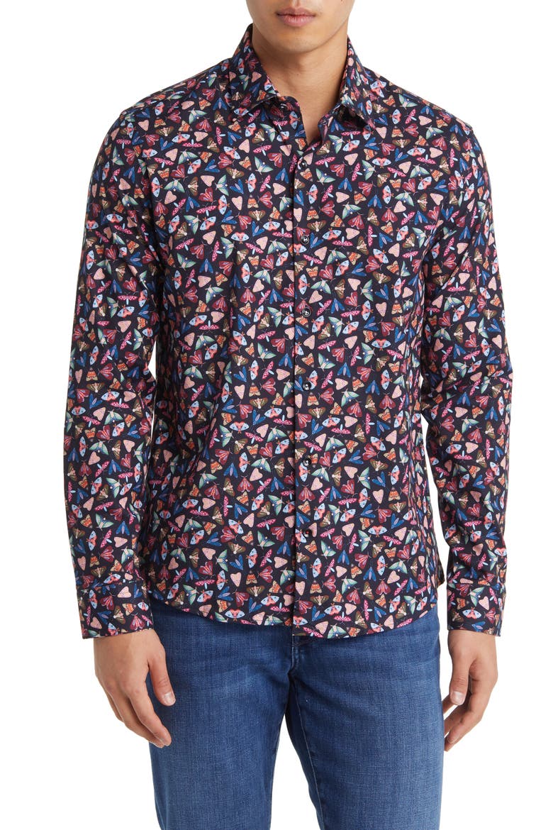 Moth Print Button-Up Shirt, Main, color, NAVY
