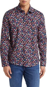 Stone Rose Moth Print Button-Up Shirt