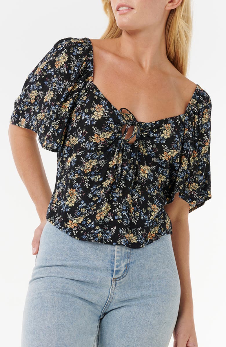 Rip Curl Pacific Rider Floral Flutter Sleeve Top, Main, color, Black Multi