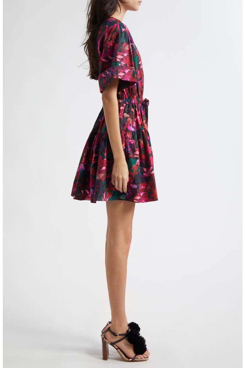 Nadira Floral Print Tie Waist Tiered Minidress, Alternate, color, HIBISCUS