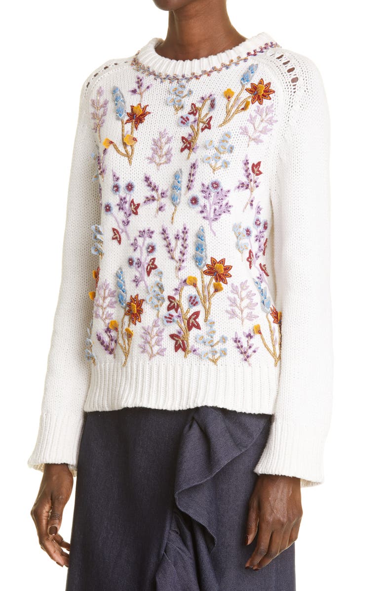 Adam Lippes Floral Embroidered Cotton Sweater, Alternate, color, 