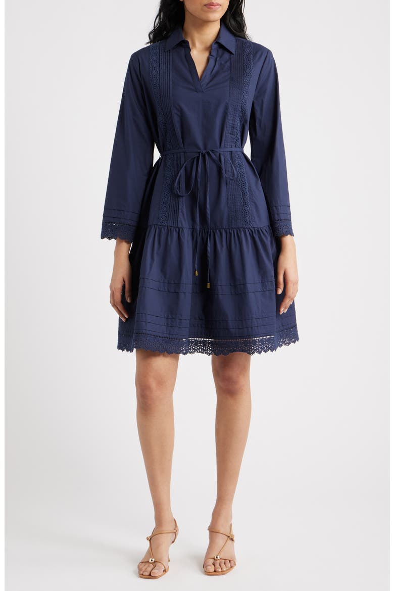 Lace Trim Tie Waist Long Sleeve Dress, Main, color, NAVY