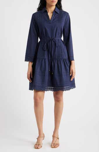 Lace Trim Tie Waist Long Sleeve Dress