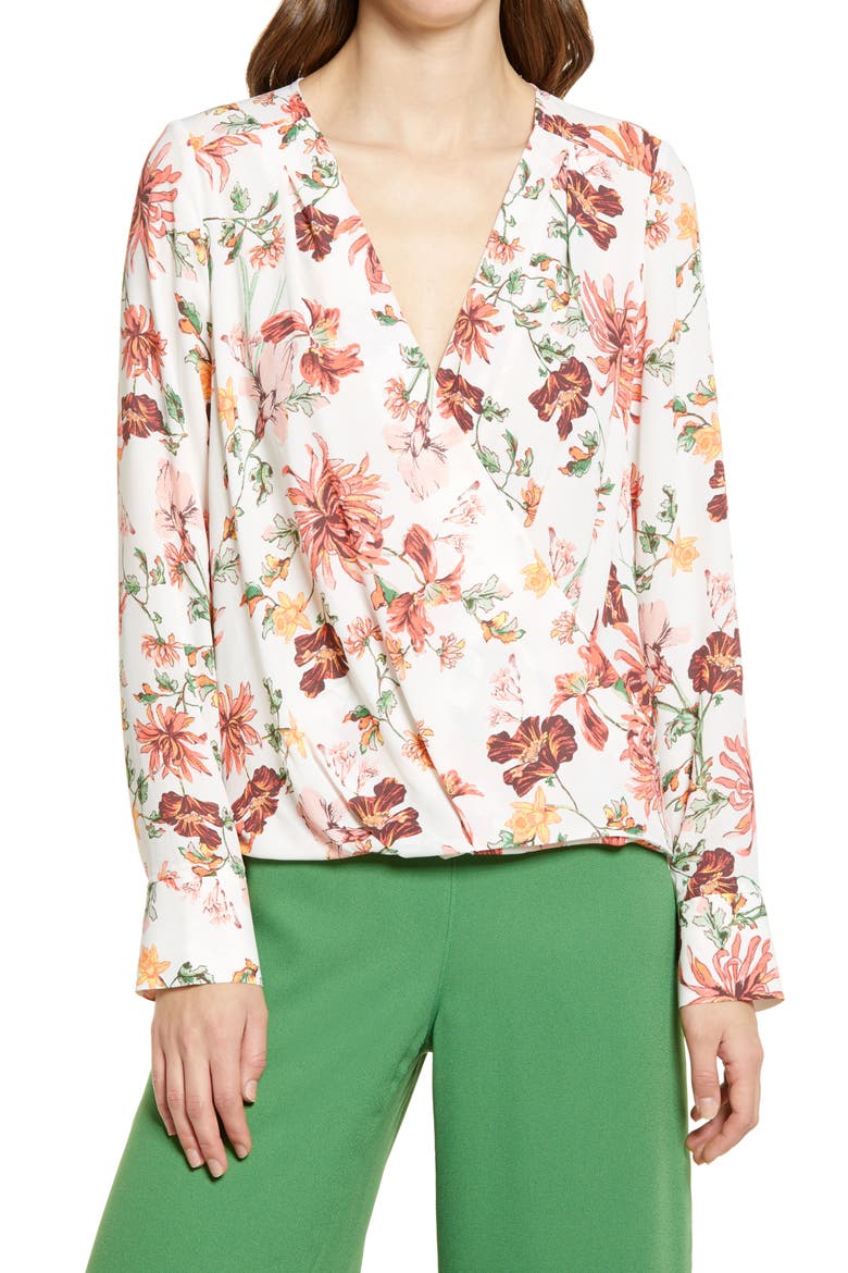 Cross Front Blouse, Main, color, IVORY- PINK DELILA FLORAL