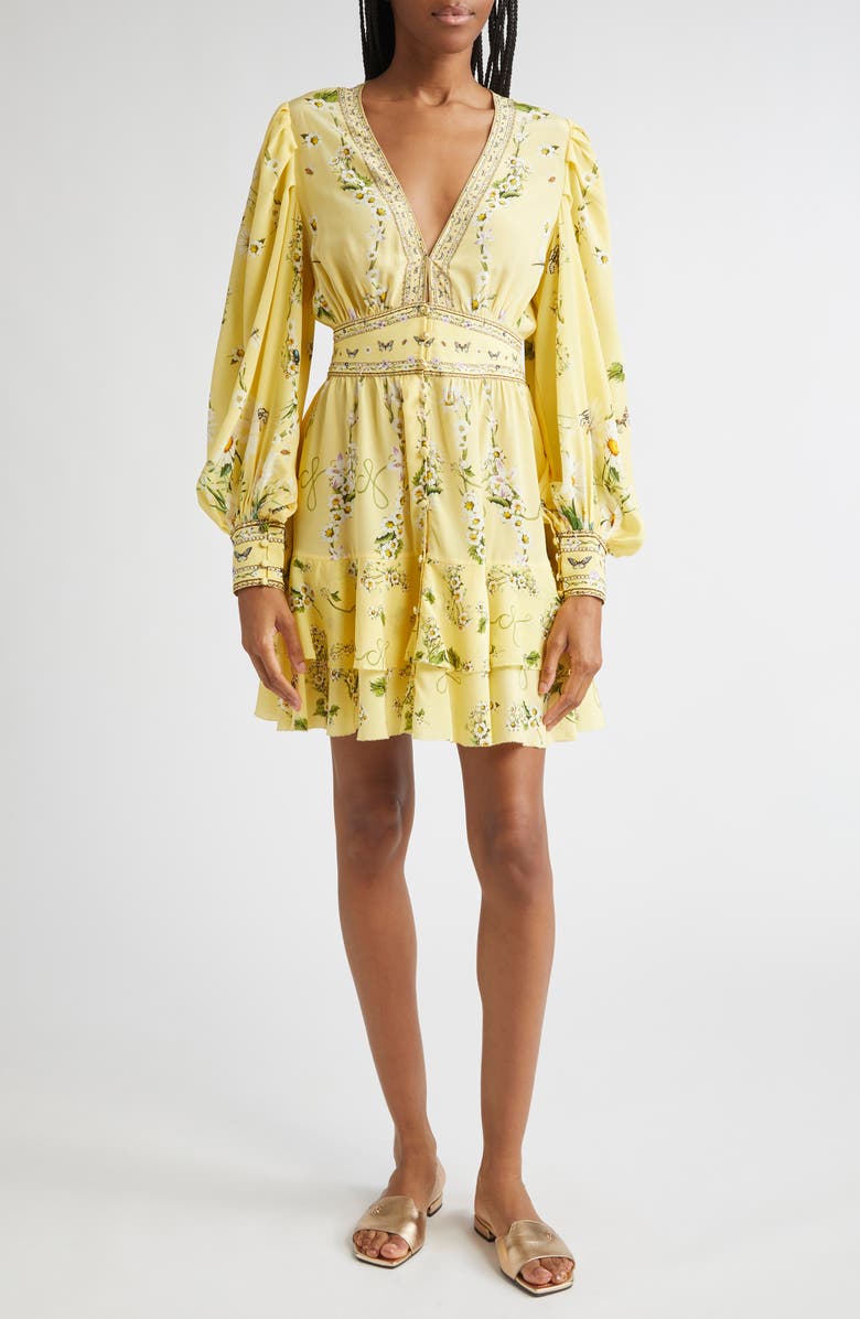 Camilla Daisy Chains Button Front Long Sleeve Silk Minidress, Main, color, Daisy Chains