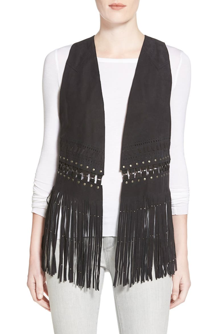 'Blondie' Nubuck Leather Fringe Vest, Main, color, BLACK