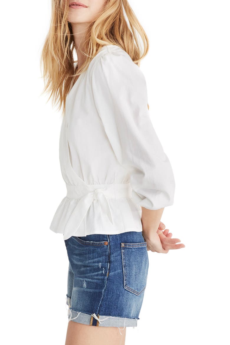 Puff Sleeve Peplum Wrap Top, Alternate, color, PURE WHITE
