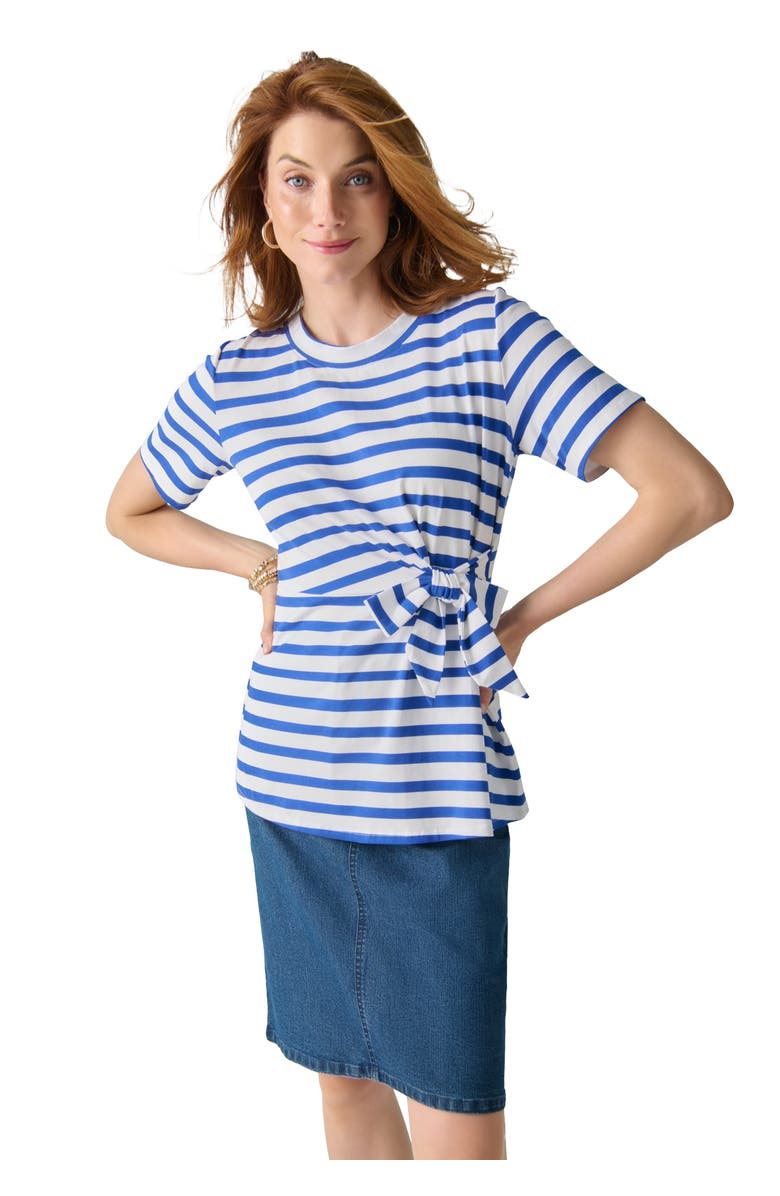 Jessica London Tie-Front Short Sleeve Knit Tee, Main, color, Sapphire White Stripe