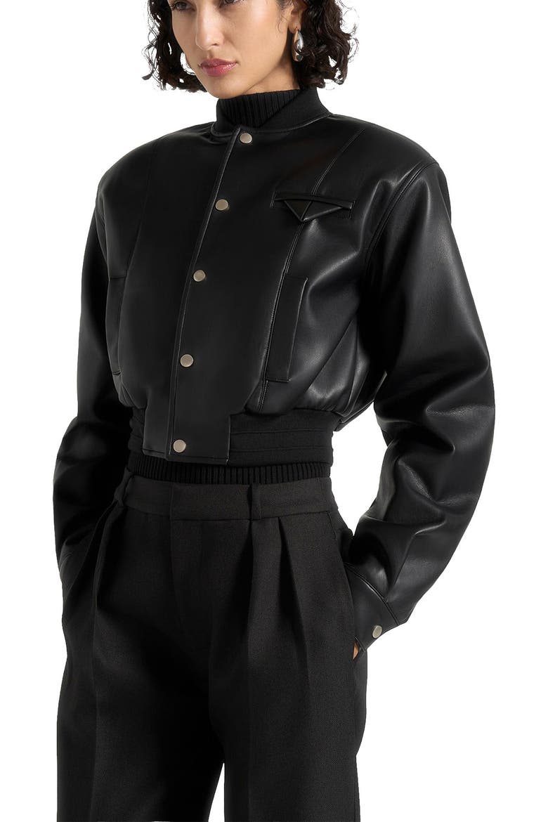 Zina Leather Wide Shoulder Bomber Jacket, Alternate, color, Black